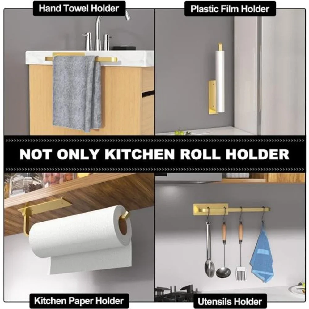 Paper Towel Holder - Self-Adhesive or Drilling, Gold, Upgraded Aluminum Kitchen